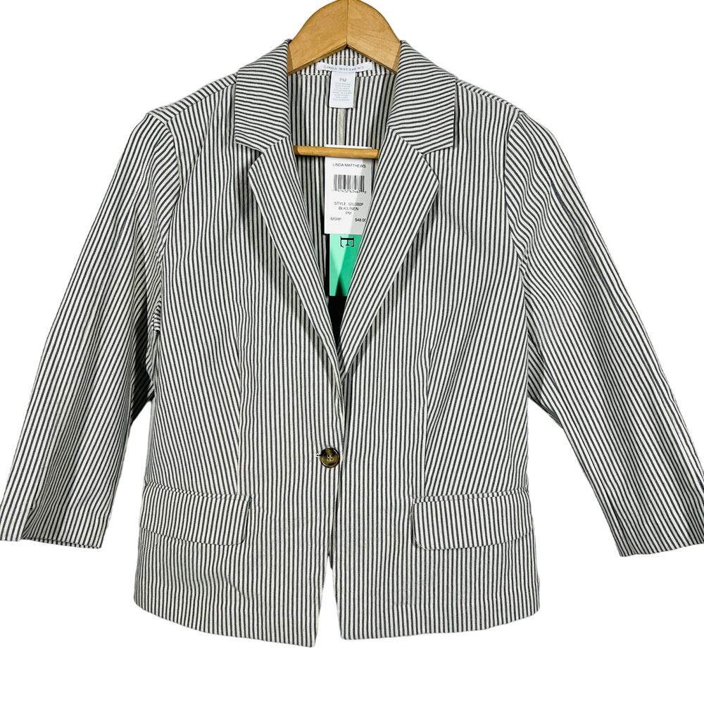 NEW! Linda Matthews Linen Blazer Jacket Single Button Career Casual Stripe - PM
